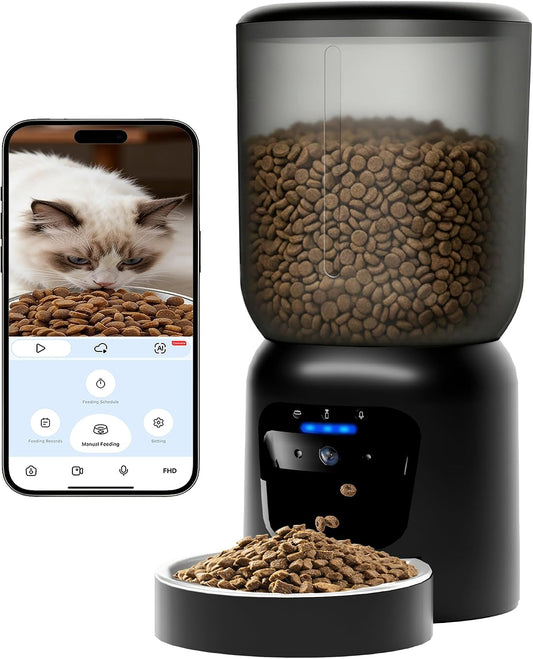 Automatic Cat Feeder with 2K Camera: Cat Food Dispenser with 6L Capacity, Container for Multiple Pet; Automatic Dog Feeder with Night Vision Support 5/2.4Ghz & 2-Way Audio, Anti-Jam Design (Black)