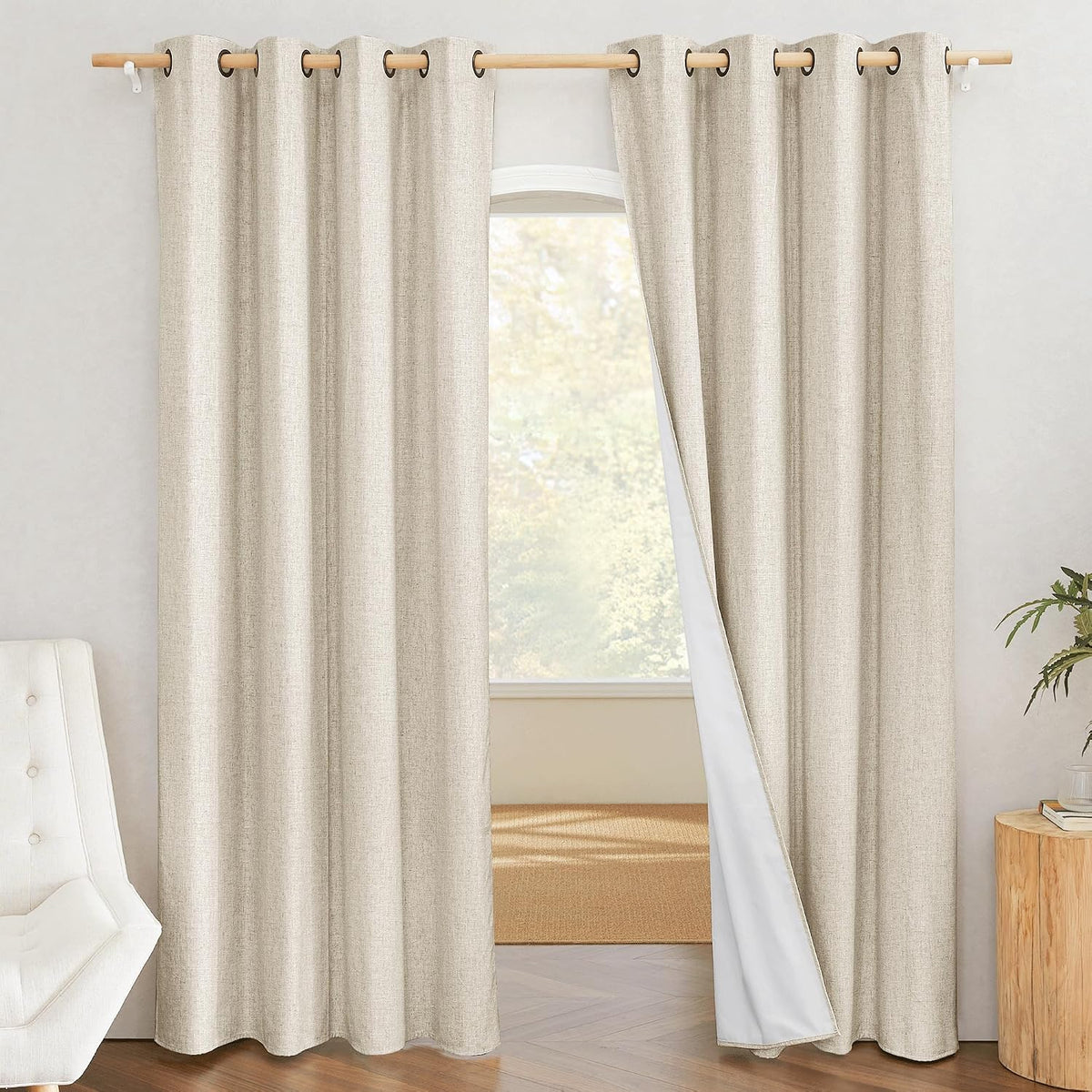 NICETOWN Natural 100% Blackout Linen Curtains 84 Inch Long Burg for Living Room, 1 Pair, 52" Width Each Panel, Farmhouse Thick Completely Blackout Window Treatment Thermal Insulated Drapes