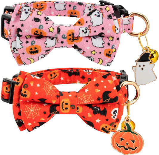 2 Pack Breakaway Cat Collar with Removable Bow Tie and Bell for Boy Girl Cats,Cute Cotton Kitten Collar with Purple Lavender and Flower Pattern for Female Male Cats (Pink Ghost&Pumpkin)