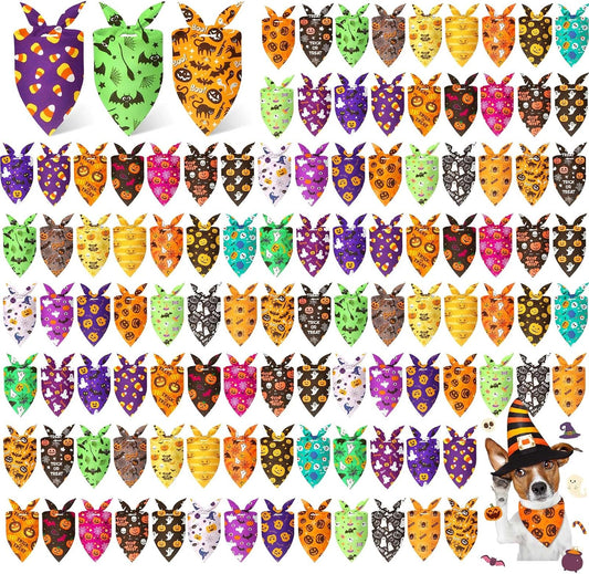 Preboun 100 Pcs Halloween Dog Bandanas Bulk, Pumpkin Ghost Bat Spider Web