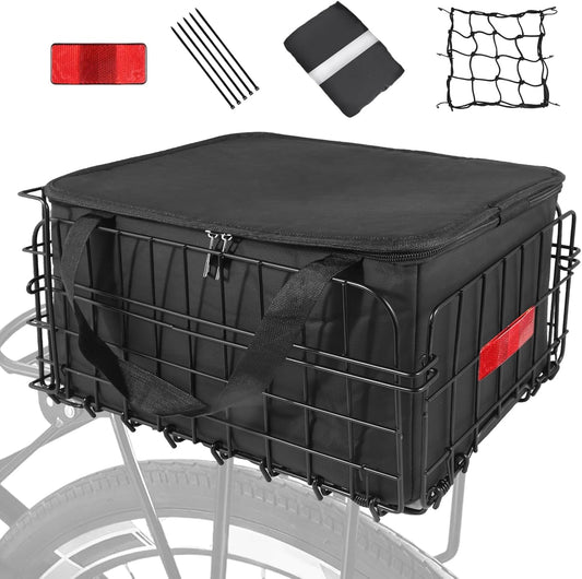 Bike Basket Rear, Folding Bicycle Basket with Removable Waterproof Liner Bag, Rear Bike Cargo Rack, Bike Accessories Frame Basket for Adult Women Men Carrying Dogs,Pet,Grocery,Quick Release Design