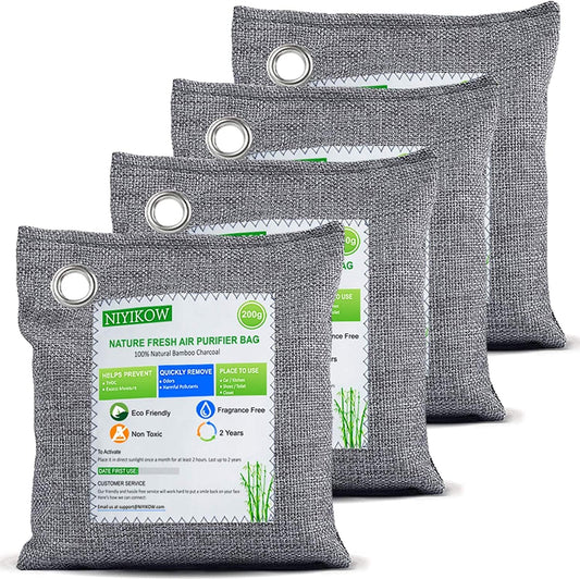 NIYIKOW Charcoal Bags Odor Absorber (Large, 4Pack X 200G), Nature Fresh Bamboo Charcoal Air Purifying Bags, Activated Charcoal Odor Absorber for Home, Car, Closet, Pets, Basement Odor Eliminator -Grey