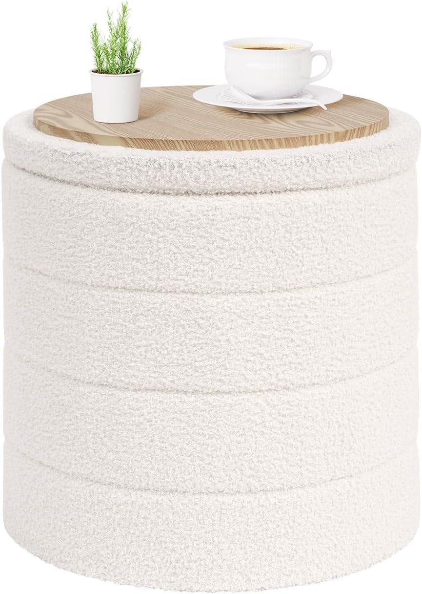 PINPLUS round Folding Storage Ottoman, Cream Boucle Footstool