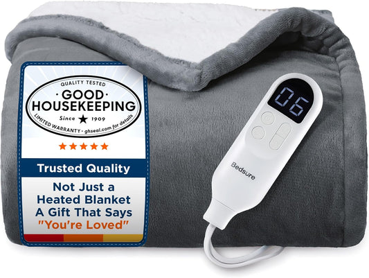 Bedsure Heated Blanket Throw Blanket with Preheat Function - Fast Heating Electric Blanket, Soft Flannel Throw with 6 Time Settings(Up to 10H), 6 Heating Settings, Gifts for Grandma (50"X60", Grey)