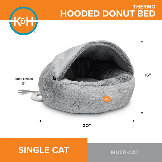 K&H Heated Cat Bed, Thermo Hooded Donut Bed Indoor, Safety Listed, 20In