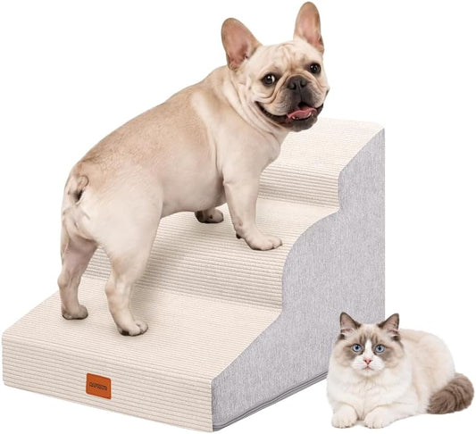 Dog Stairs for Small Dogs,15.7" H,3-Step Curved Pet Ramp for Bed Couch Sofa and Chair,Non-Slip Pet Steps for Injured & Senior Pets with Washable Cover and Durable High Density Foam,Beige