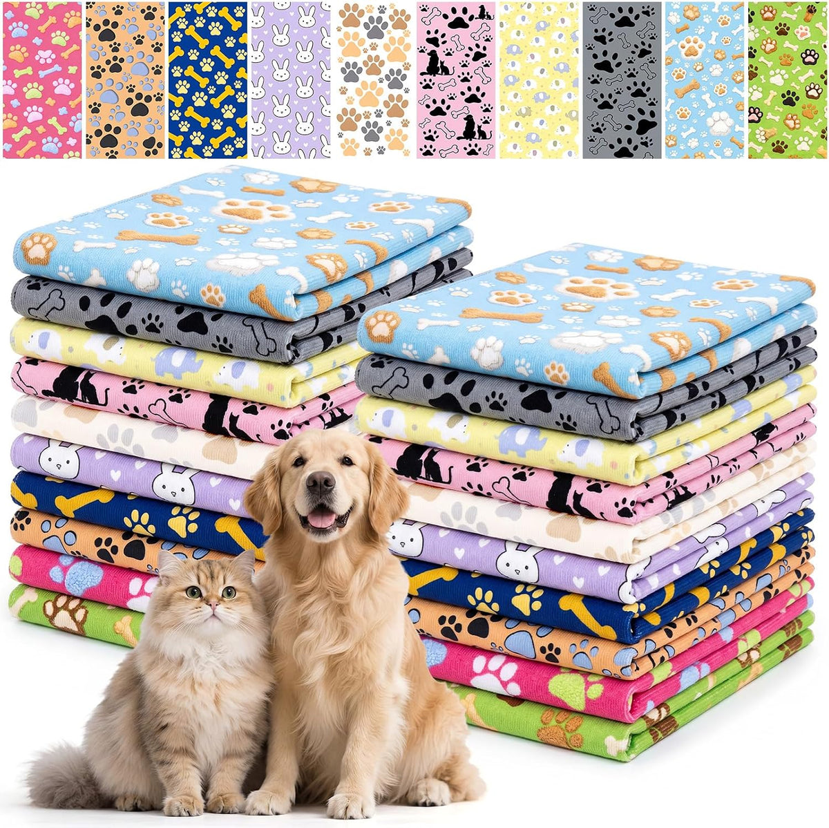 20 Pcs Dog Towels for Drying, 20"X40" Quick Drying Microfiber Pet Bath Towel, Dog Grooming Absorbent Towel with Cute Pattern, Soft Bathrobe for Large Medium Small Puppy Cat
