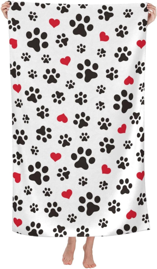 VOOHDDY Dog Cat Paw Heart Love Print Kitten Beach Towel Soft Absorbent Microfiber Quick Dry Large Bath Towels for Bathroom Women Men Boys Girls Pool Camping Travel Swimming Picnic Sports