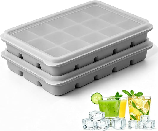 Ice Cube Trays with Lid, 2 Packs 30 Cubes Durable Stackable Flexible Silicone Ice Cube Trays for Freezer with Removable Silicone Lids for Baby Food, Whiskey, Cocktail, Coffee, BPA Free