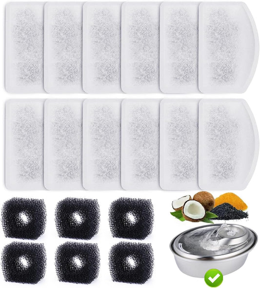 12 Pack Replacement Filters for D60 100Oz/3L Automatic Dog Fountain, ZEKIRY Carbon Cat Water Fountain Filter, Triple Filtration Pet Water Dispenser Filters(6Pcs Pump Sponges)