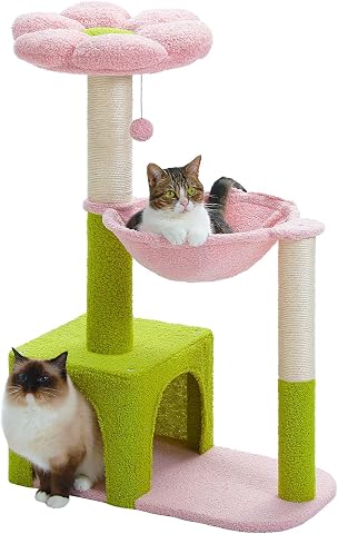 MUTTROS Flower Cat Tree, 28" Cat Tower with Cozy Flower Perch, Large Hammock for Indoor Small Cats, Cute Cat Tree with Sisal Scratching Post and Fur Toy Ball for Kittens, Pink