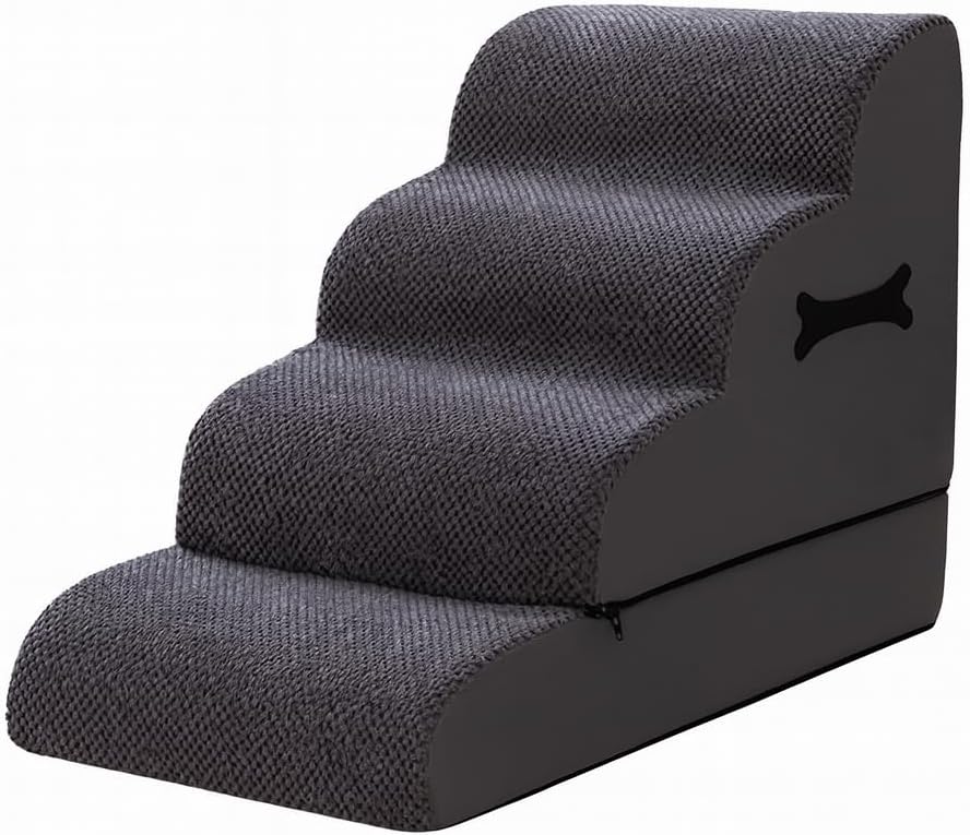 4-Step Dog Stairs for Bed – Non-Slip Foam Pet Steps for Small & Large Dogs, Stable Dog Steps for Couch & High Beds, Ramp Alternative for Senior Dogs & Cats, Grey