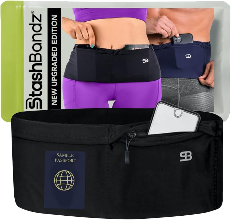 Stashbandz Running Belt, Money Belt, 4-Pocket Phone Holder with Zipper