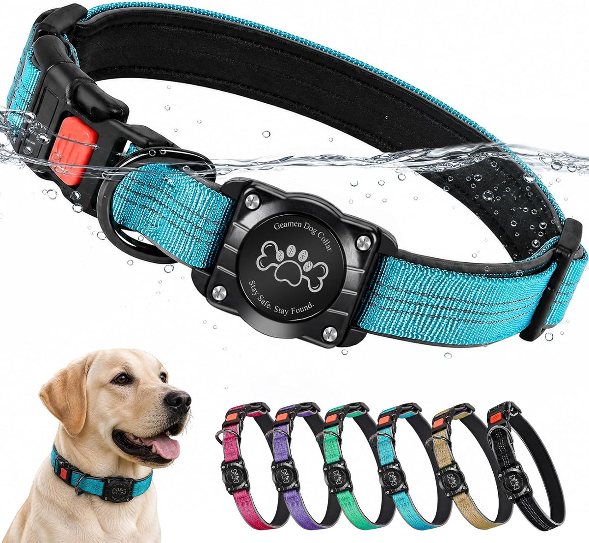 Dog Collar with Airtag Holder IP68 Waterproof Reflective Collar Blue M