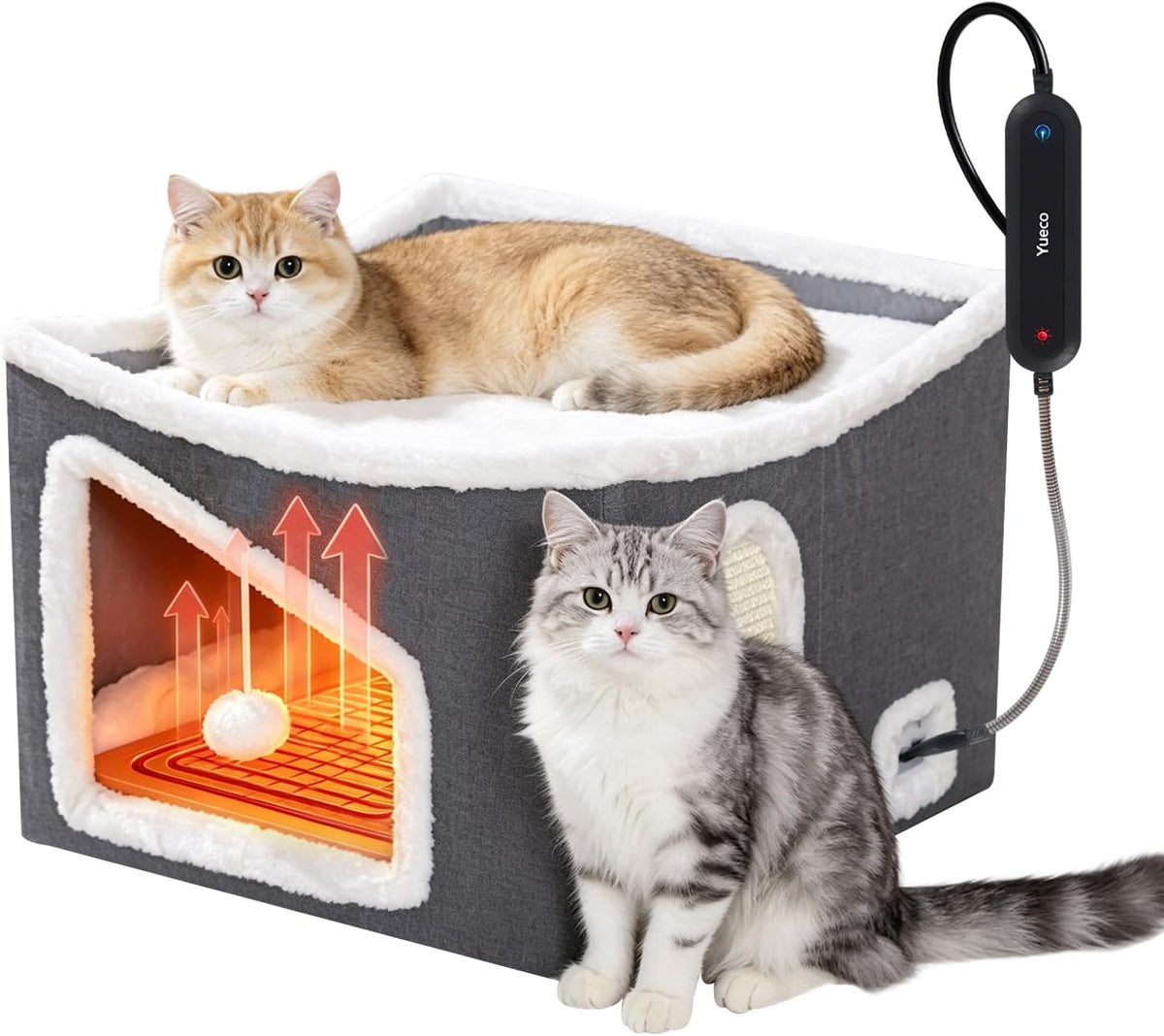 Heated Cat House for Indoor Cats,Large Cat Bed Cave with Cat Heating Pad,3 Heating Levels, Auto Off,Overheat Protection, Fluffy Ball and Scratch Pad for Multiple Small Pet & Large Cats