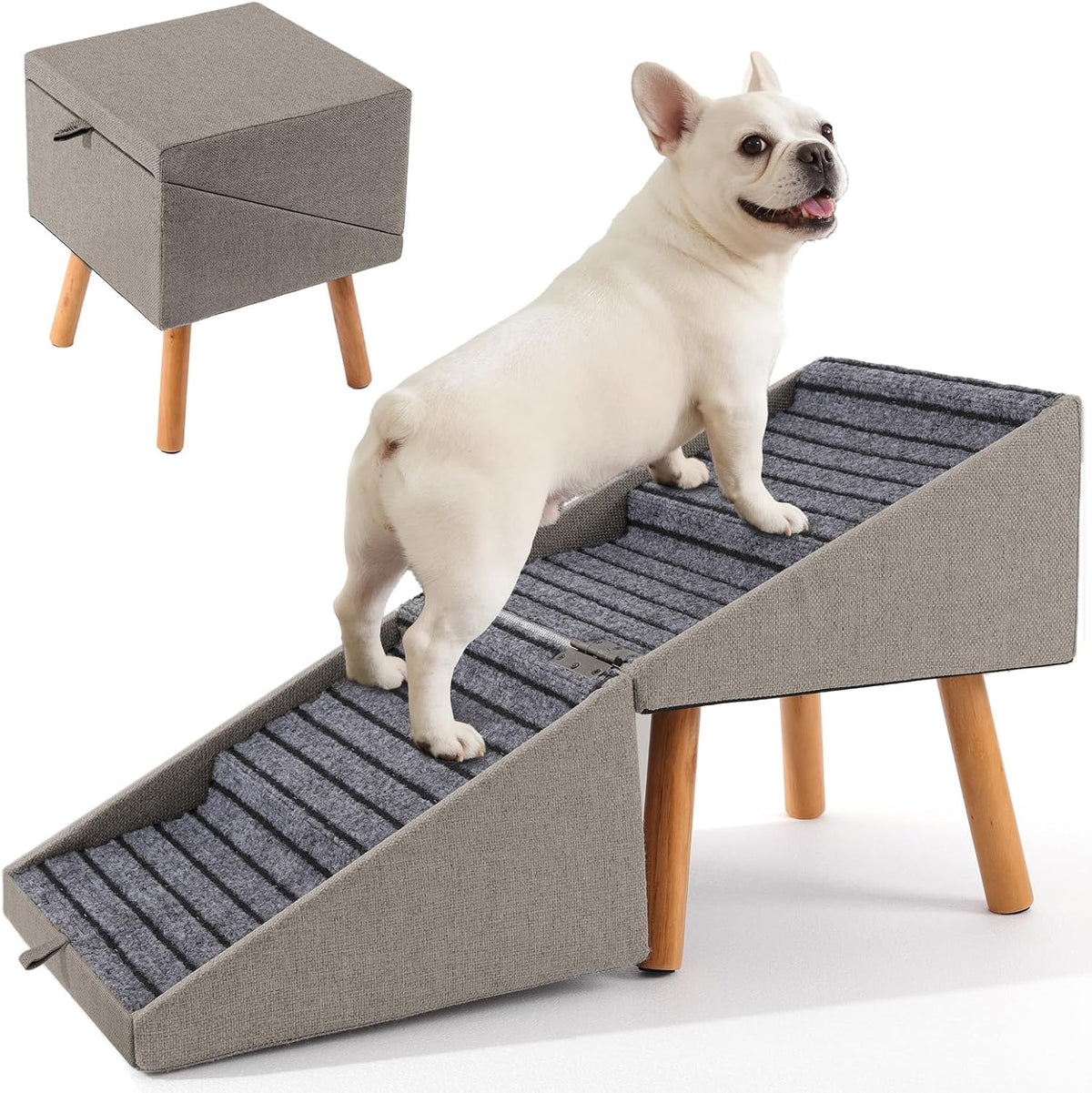 Dog Ramp for Bed & Couch, Dog Stairs 21.06 Inches High for Large/Medium/Small Doggie,Split Ottoman Foldable 2 in 1 Wooden Pet Steps for Older and Injured Dogs, No-Slip Surface (17.13" H-Hemp Green)