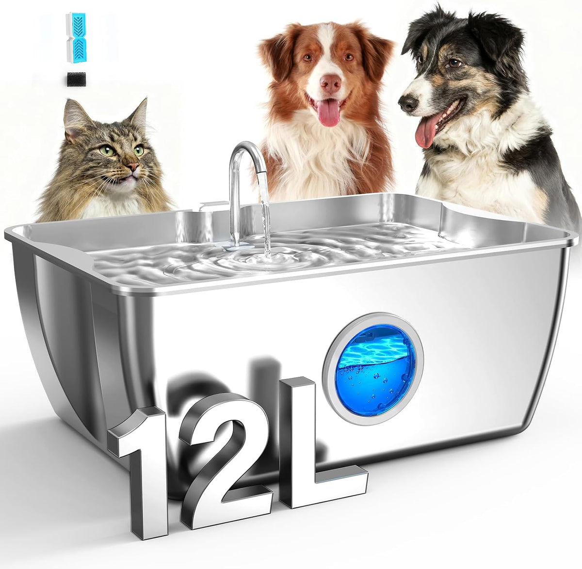 HINTON Stainless Steel Dog Water Fountain for Large Dogs, 12L, 1 Filter