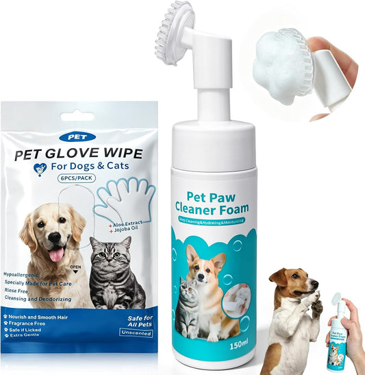 Dog & Cat Paw Cleaner Kit, Foam + 6 Pre-Moistened Gloves