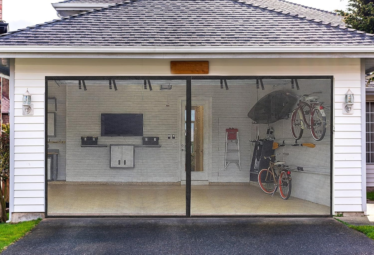 Elytsemoh Garage Screen Doors for 2-Car Garage -16X7Ft, Fiberglass, Black