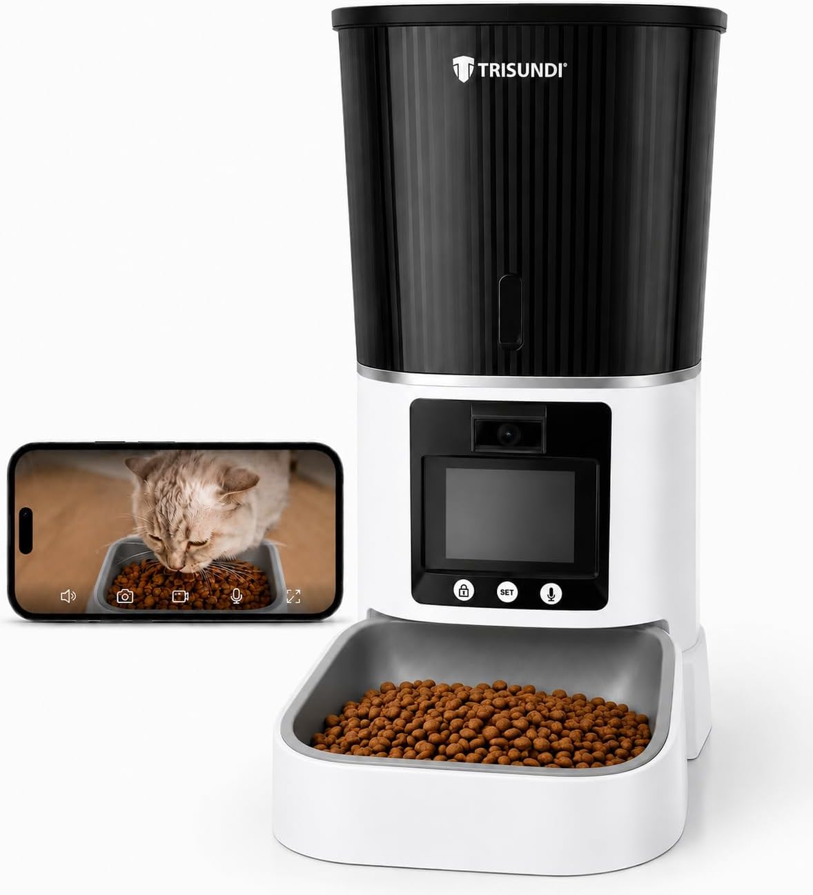 Automatic Cat Feeder with Camera, 5L Smart Pet Feeder with HD Video & 2-Way Audio, Wifi App Control Dog Food Dispenser, 10S Voice Recorder, Timed Meal Scheduler for Cats & Small Dogs