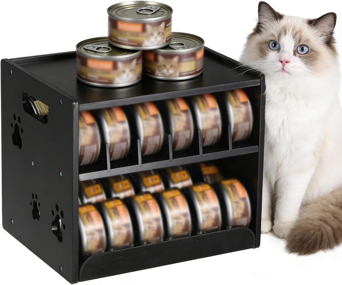 JALZ JALZ Bamboo Cat Food Can Dispenser 2-Tier Gravity Pet Food Storage Rack