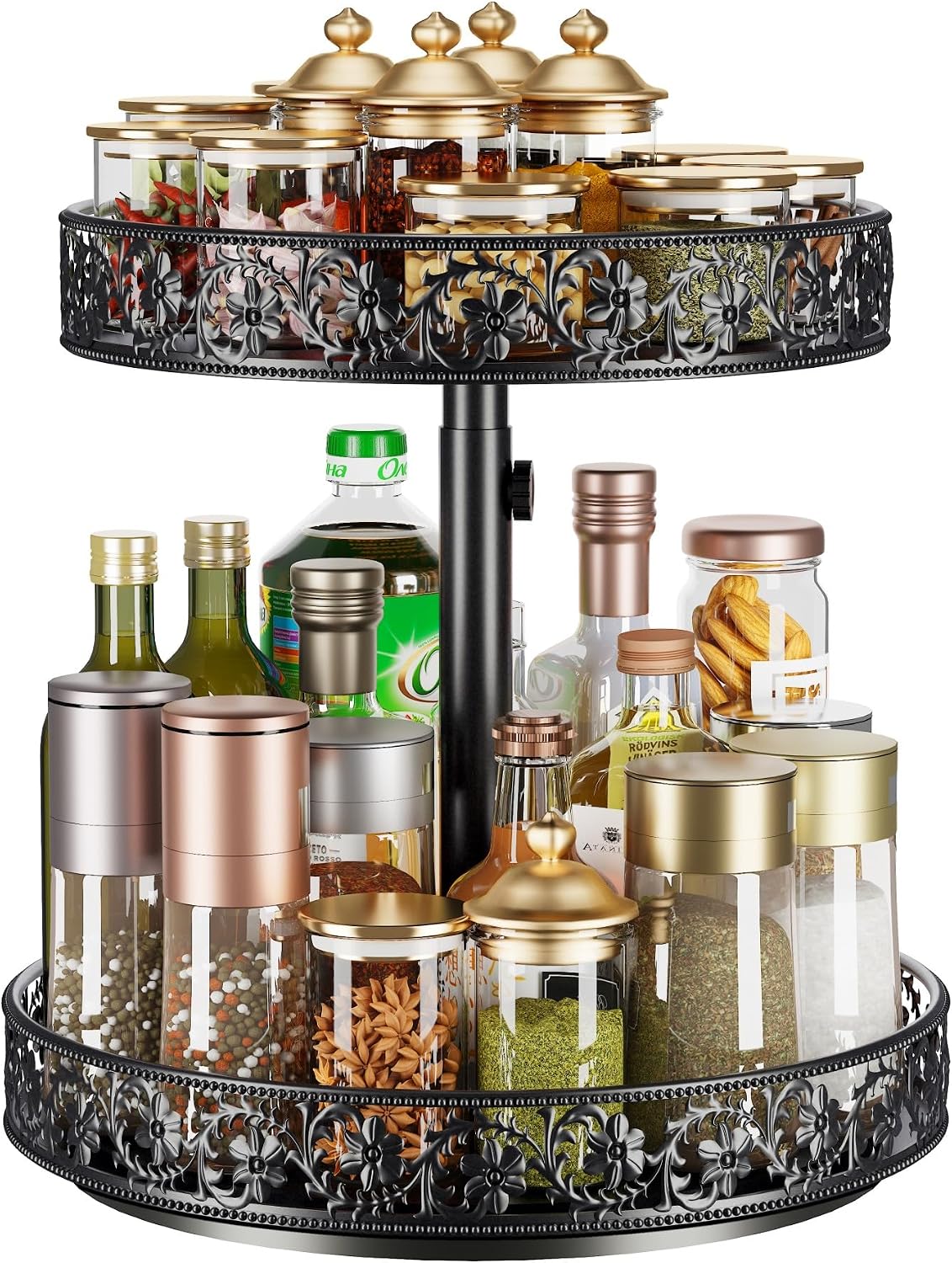 2 Tier Lazy Susan Organizer Turntable Height Adjustable, Black