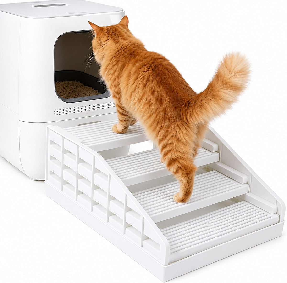 Adjustable Litter Box Step, Elevated Cat Ramp/Stairs with Filter Function, Anti-Tracking, Easy to Clean, Fits Automatic Litter Boxes, for Small & Elderly Cats, Non-Slip(Grey)