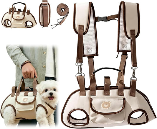 Dog Carrier Sling, Puppy Sling Carrier for Medium Dogs & Cats, Breathable Mesh Pet Shoulder Bag with Adjustable Strap & Pockets, for Outdoor Walking Travel (Beige, M)