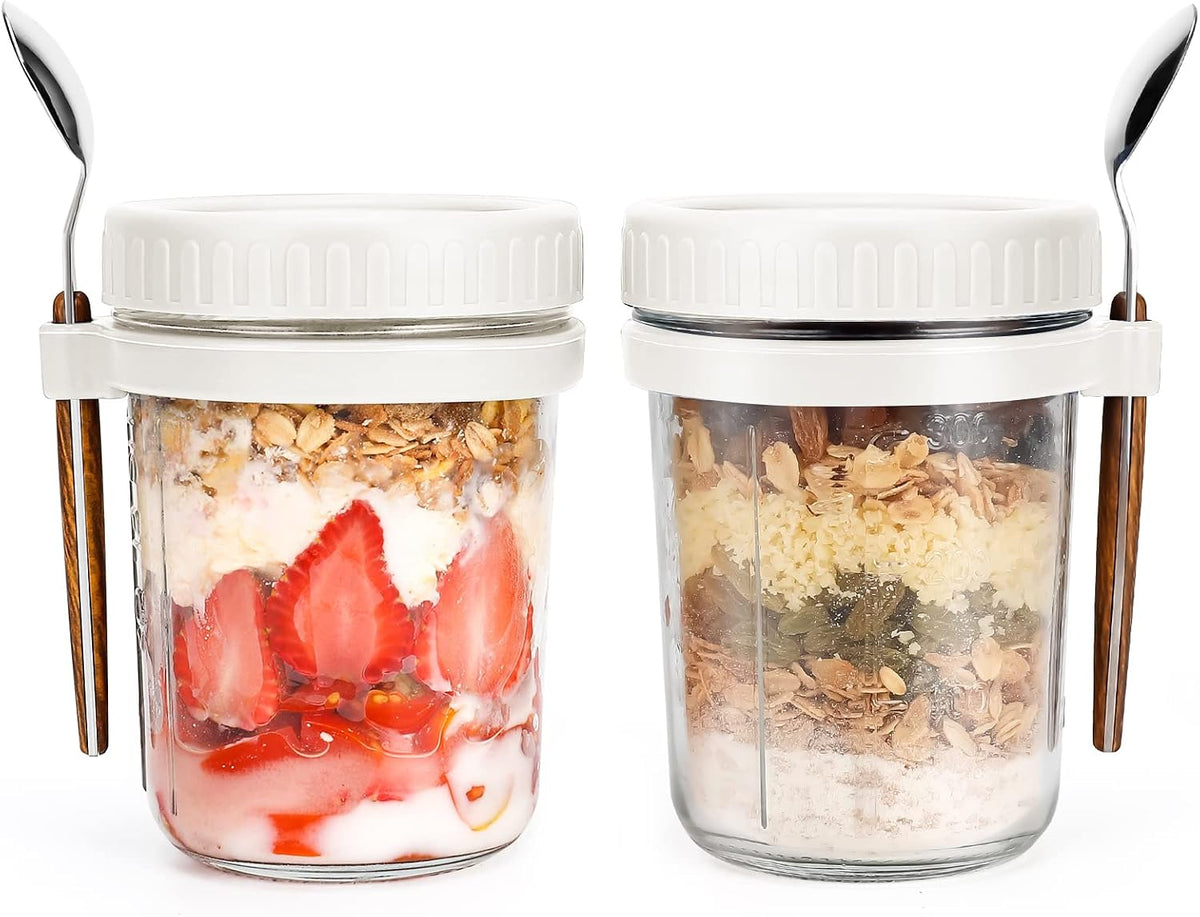 PFUM Overnight Oats Jars with Spoon and Lid 16 Oz [2 Pack], Airtight Oatmeal Container with Measurement Marks, Mason Jars with Lid for Cereal on the Go Container (2Pcs White)