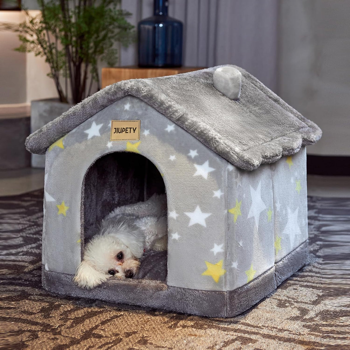 Cute Indoor Dog Houses, Dog Bed with Cover Cave,Soft Cozy Dog Cave Bed,Grey