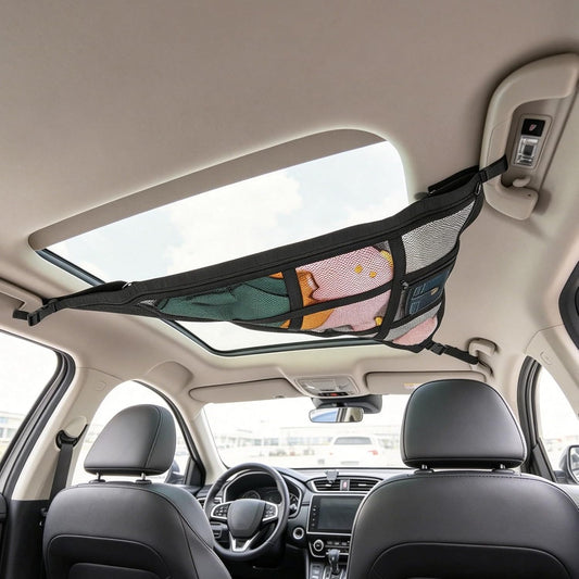 Car Ceiling Cargo Net, 35.4" X 23.6" Double Layer Overhead Storage Organizer for 4 Grab Handle Vehicles,Fits Most Suvs, Vans & Trucks,Mesh Roof Pocket for Camping & Road Trips