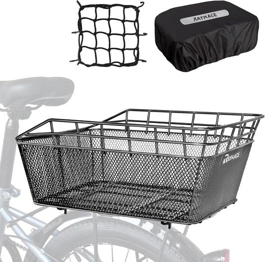 RAYMACE Bike Basket Rear Rack with Cargo Net, Liner and Waterproof Cover