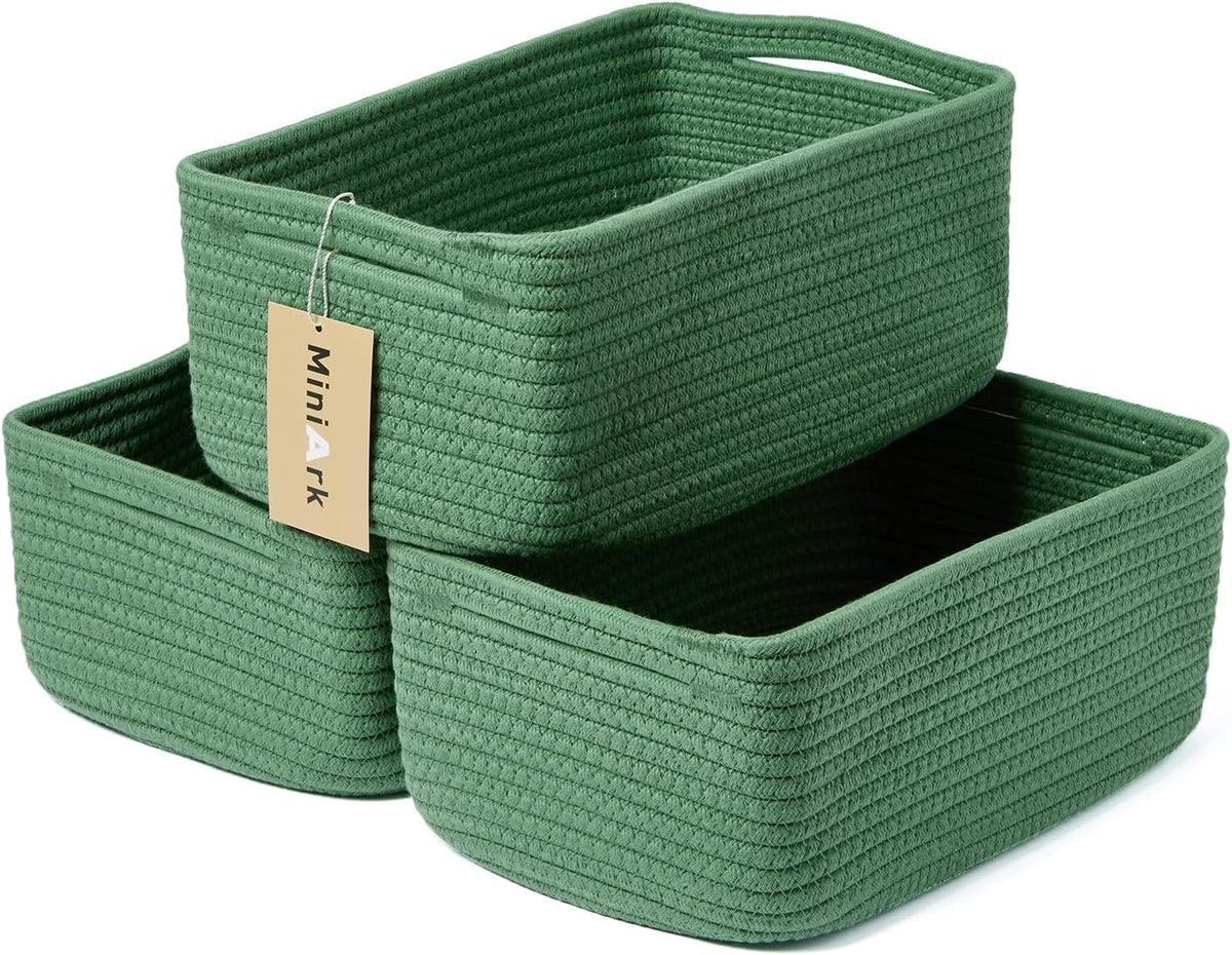 Miniark Small Storage Baskets for Organizing | Closet Organizer Bins | Shelf Toy Basket | Woven Rope Baskets | Cube Decorative Box | Shallow Basket | 13X8.5X5.1” | 3 Packs Green