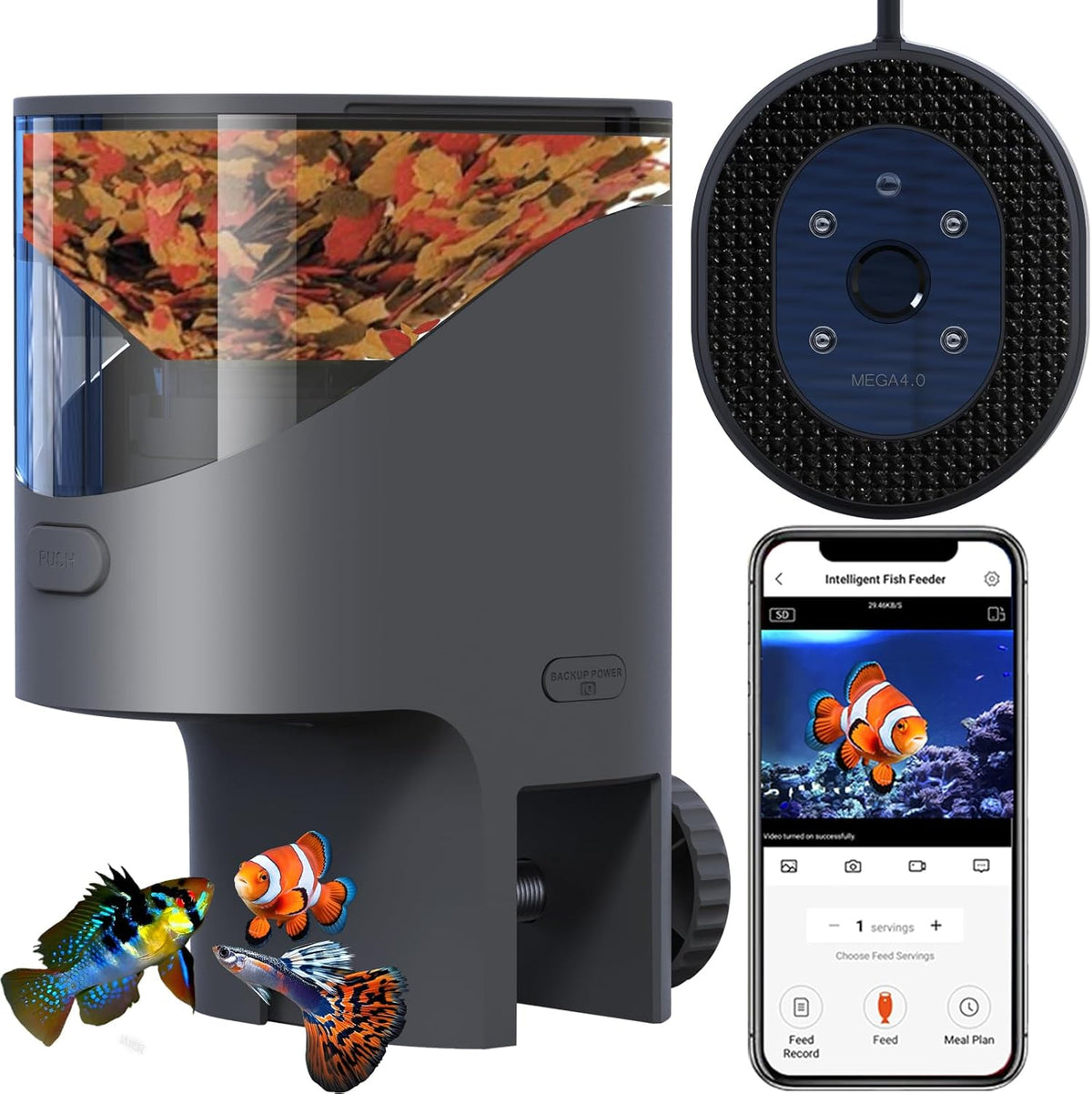 Wifi Automatic Fish Feeder for Aquarium, Flake Feeder with Camera