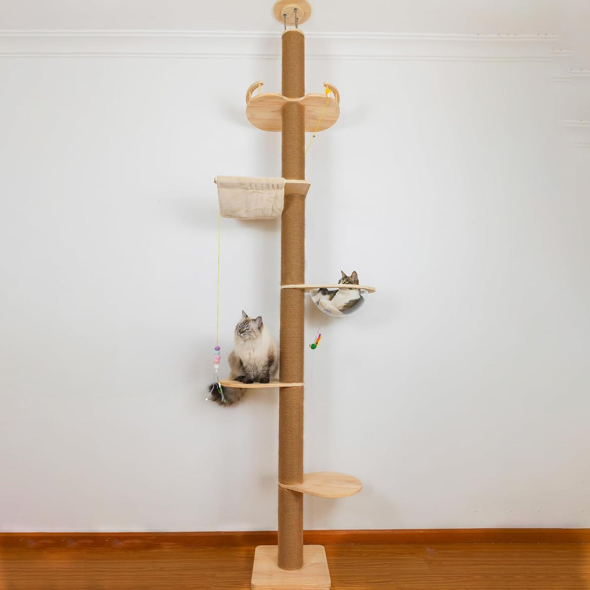 Floor to Ceiling Cat Tree Height (50-120.5In) Adjustable Cat Tower 5 Tier Hemp Scratching Post High Cat Tree Sturdy Activity Tree Indoor Outdoor Cat Scratching Post Activity Center