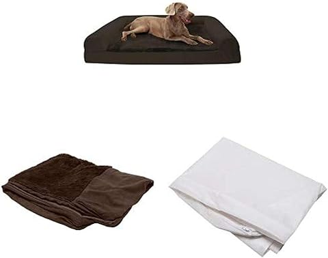 Furhaven Pet Bundle - Jumbo plus Deep Sapphire Deluxe Cooling Gel Memory Foam Plush Faux Fur & Velvet L Shaped Chaise, Extra Dog Bed Cover, & Water-Resistant Mattress Liner for Dogs & Cats