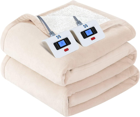 Sealy Electric Blanket King Size Heated Dual Control Flannel Sherpa, Beige