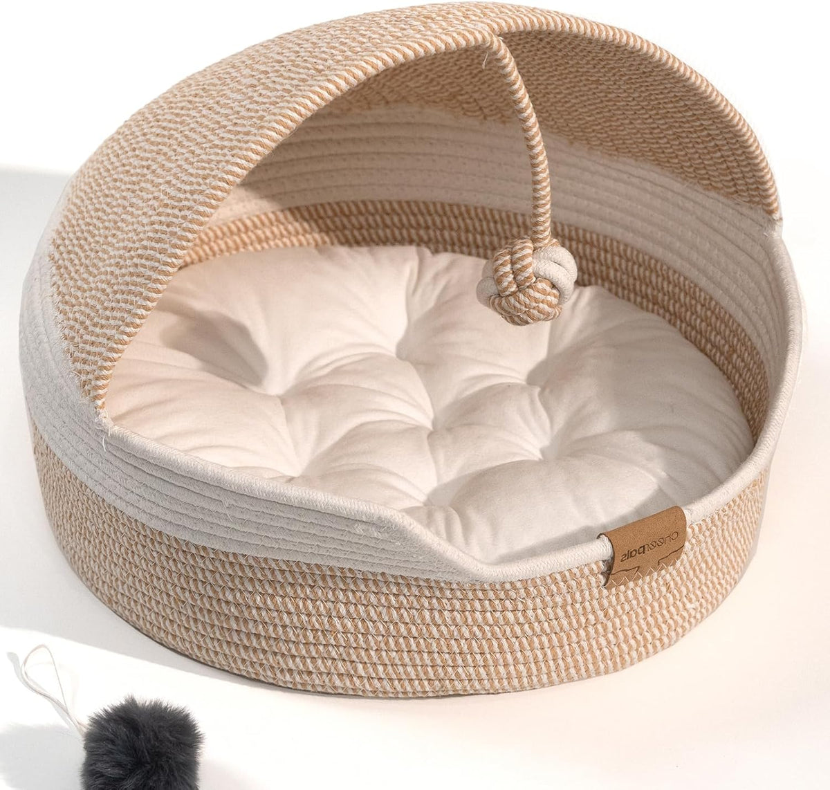 Cat Cave Bed with Washable Cushion and Ball, Handwoven Cotton Rope Cat Basket Bed for Indoor Cats Bed Covered, 3-In-1 Scratching, Playing & Sleeping, All Season Universal(White)