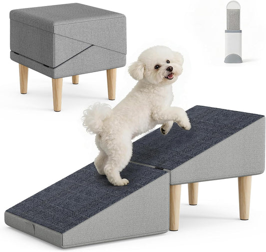 Foldable 15 Inch Dog Ramp, Ramply Split Ottoman with Detachable Washable Treads, 2-In-1 Folding Pet Ramps Stairs for Couch and Bed, Sturdy Ramp for Cats and Small to Medium Dogs