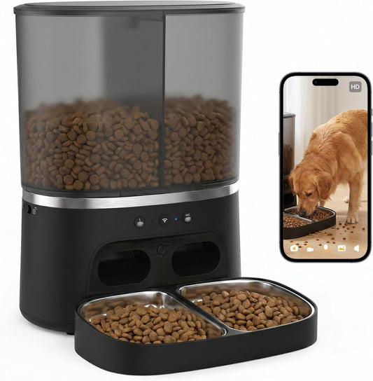 Automatic Cat Feeder with Camera, Automatic Dog Feeder Dry Food, 8L Dual Hopper Auto Cat Food Dispenser, 1080P HD Video with Night Vision/2-Way Audio/App, 5G Wifi Pet Feeder with Low Food Tray-White