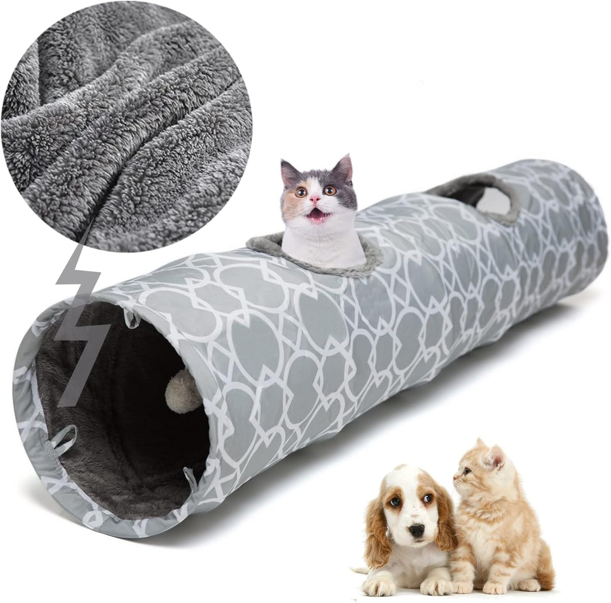 Kitty City Large Cat Tunnel Bed, 2-In-1 Zip-Together Cat Play Tunnel & Plush Nap Bed, Pop-Up Indoor Cat Toy with Hanging Toys, Collapsible Design - White