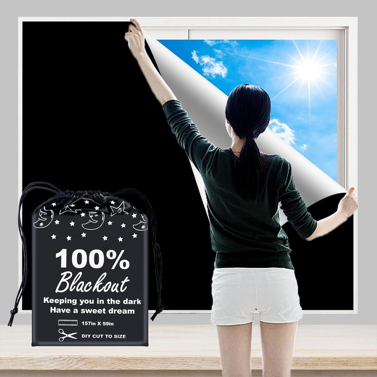 100% Blackout Blind Curtains Window Cover [157" X 59" XXL] [DIY Cut to Any Size or Shape] [Hook & Loop Tabs][ Portable Bags for Travel] [Light & UV Blocking ] for House,Nursery,Apartment