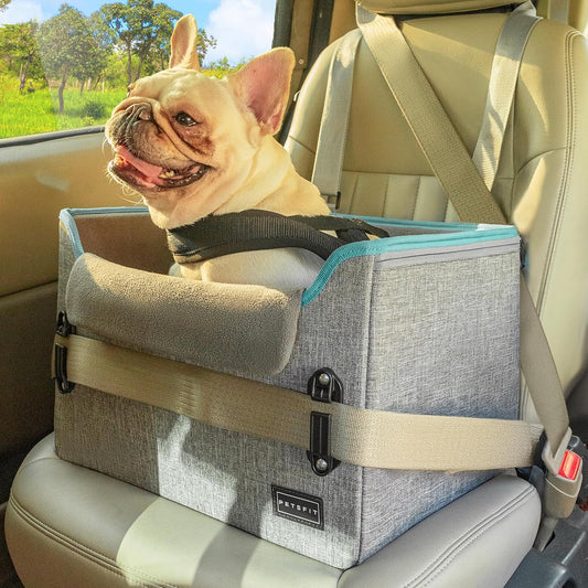 ROODO Dog Car Booster Seat with Safety Leash and Foldable Metal Frame for Small Pets up to 20 Lbs Height-Adjustable Portable Puppy/Cat Car Seats with Plush Thick Cushion Mesh Window(Cation Gray)
