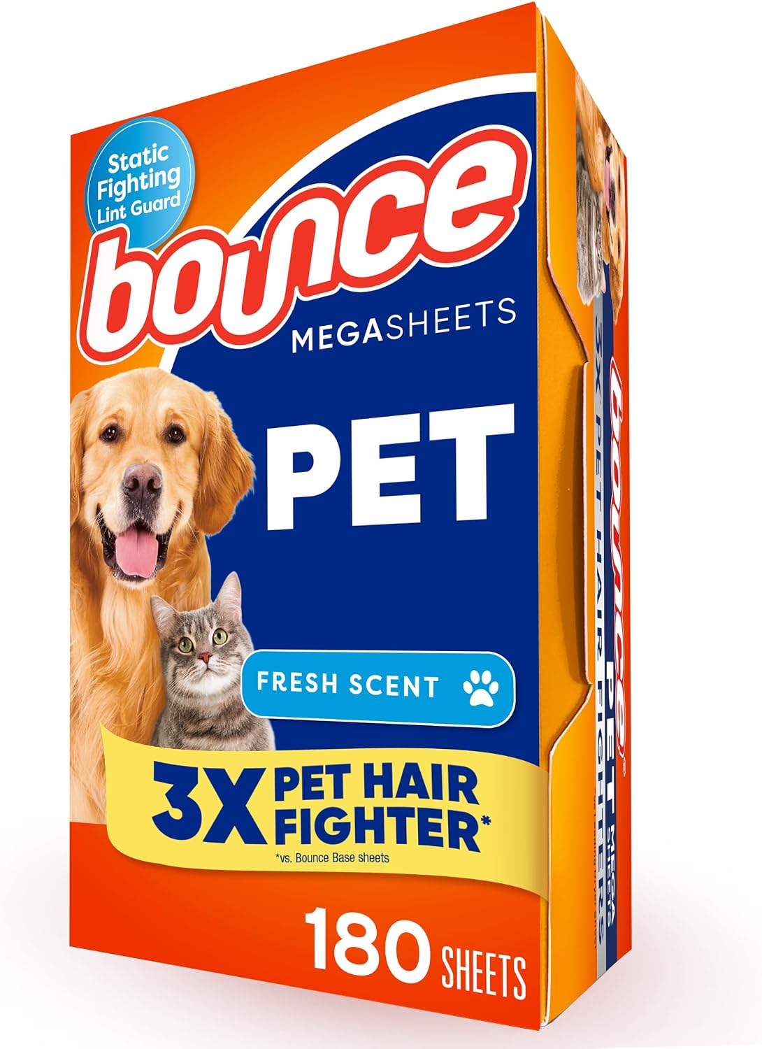 Bounce Pet Hair and Lint Guard Mega Dryer Sheets with 3X Pet Hair Fighters, Fresh Scent, 180 Count