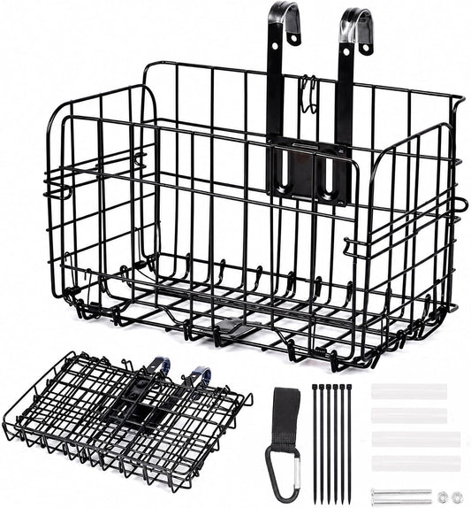 Folding Bike Basket Front, 80 Lbs Steel Wire Bicycle Basket