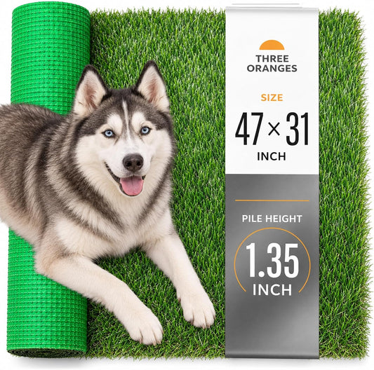 THREE ORANGES Dog Grass Pad 47X31 Inch, Reusable Artificial Turf Potty Mat with Drainage Holes, 1.35 Inch Thick Puppy Training Grass Rug for Indoor Outdoor, Balcony and Patio