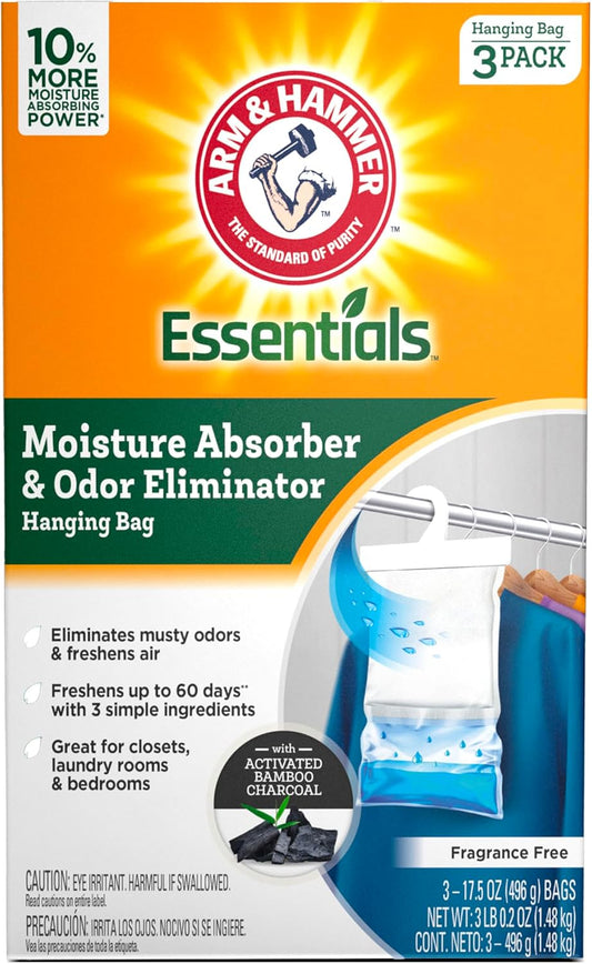 Arm & Hammer Essentials Hanging Moisture Absorber and Odor Eliminator, 17.5 Oz., 3 Pack, Fragrance Free, Moisture Absorbers for Closets, Laundry Rooms and Bedrooms, Long-Lasting Freshness