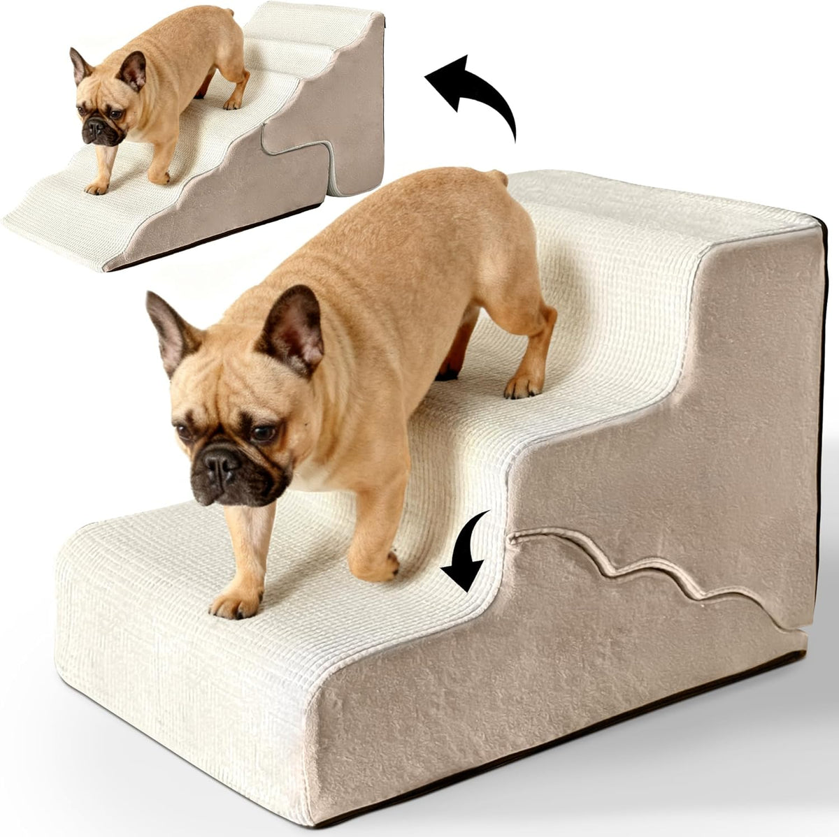 2-In-1 Dog Ramp Stairs, 3-Tier Dog Stairs for Couch Sofa, Beige