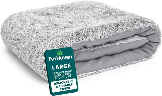 Furhaven Replacement Dog Bed Cover, Long Faux Fur for Calming Cuddlers, Machine Washable, Customizable Filling, Jumbo XL, Gray