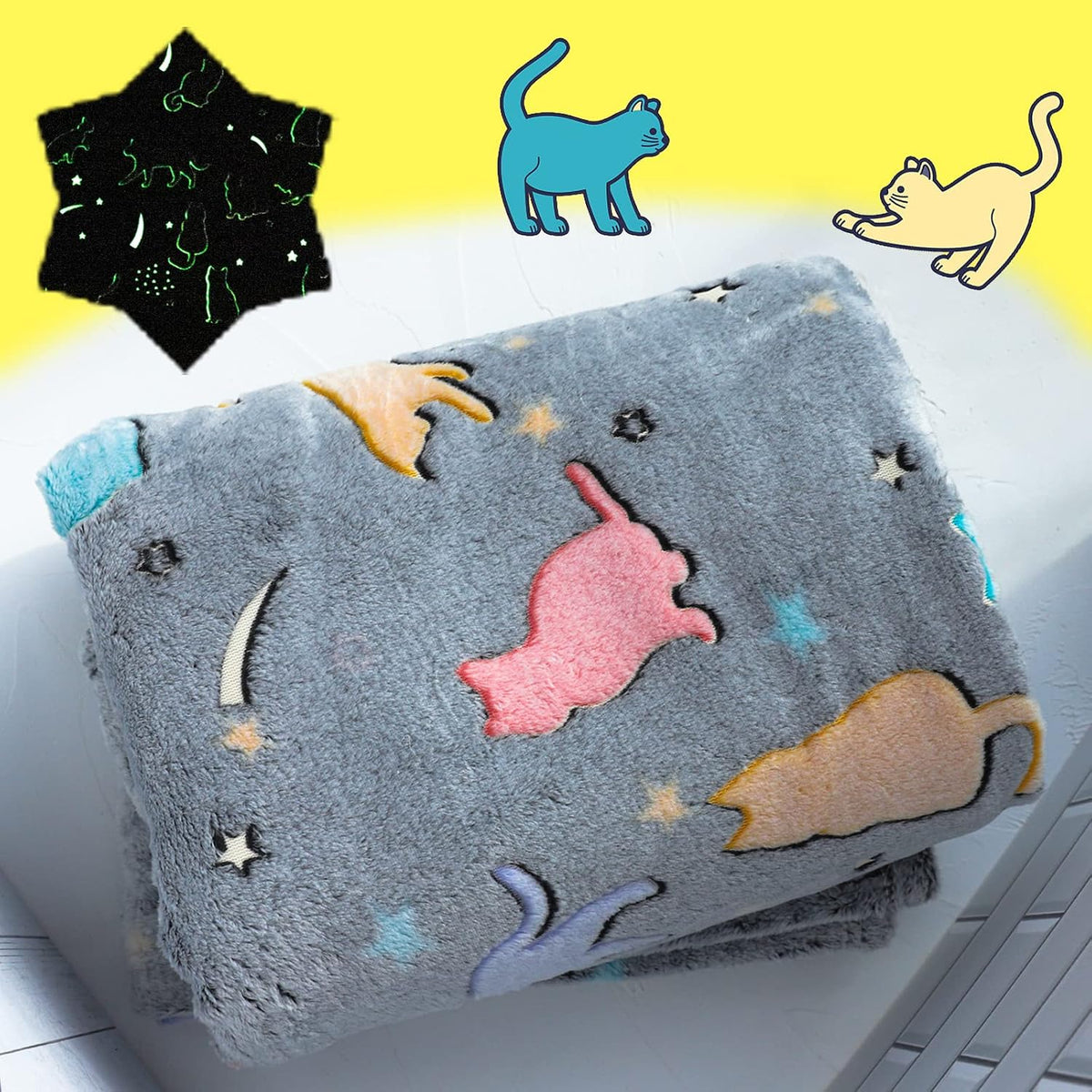 Halloween Best Gift Glow in the Dark Cute Cat Throw Blankets with Storage Bag, Kids Blanket Soft Throw Blankets for Girls Boys, Birthday, Day Care Home Travel Use,50"X60" Grey
